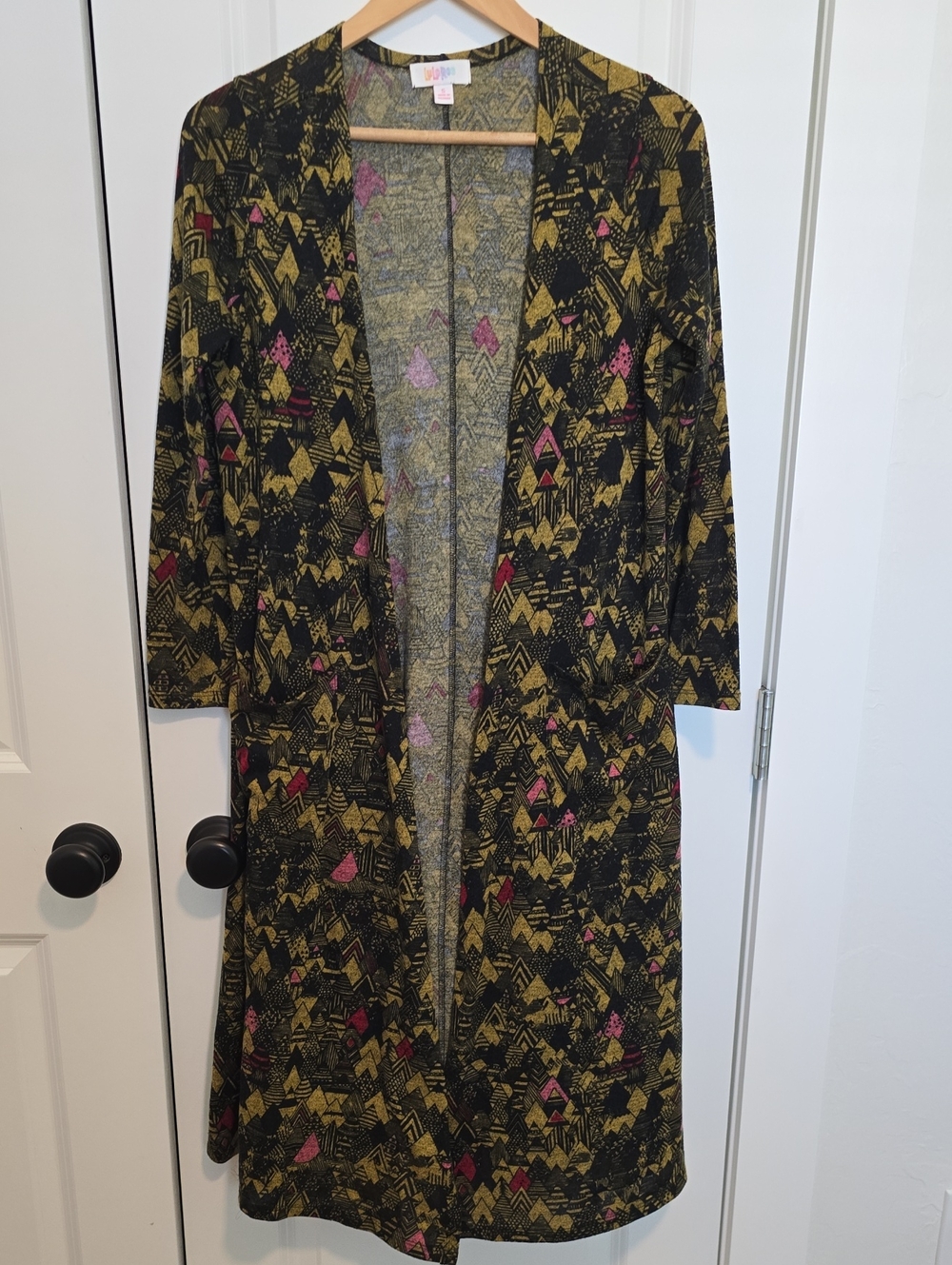 LuLaRoe Sarah Open Front Cardigan in Black, Olive & Pink Accents